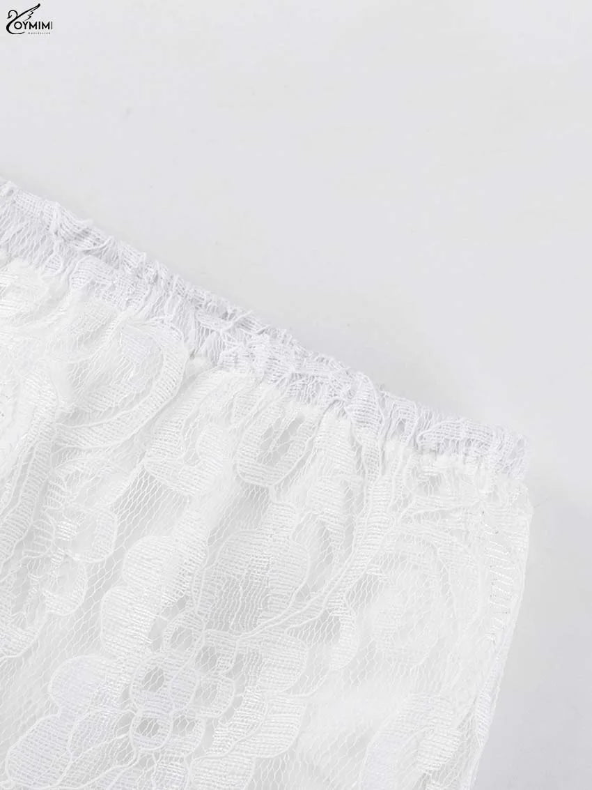 Oymimi Elegant White Lace 2 Pieces Set For Woman Fashion Long Sleeve Single Breasted Shirts And High Waist Full Length Pants Set