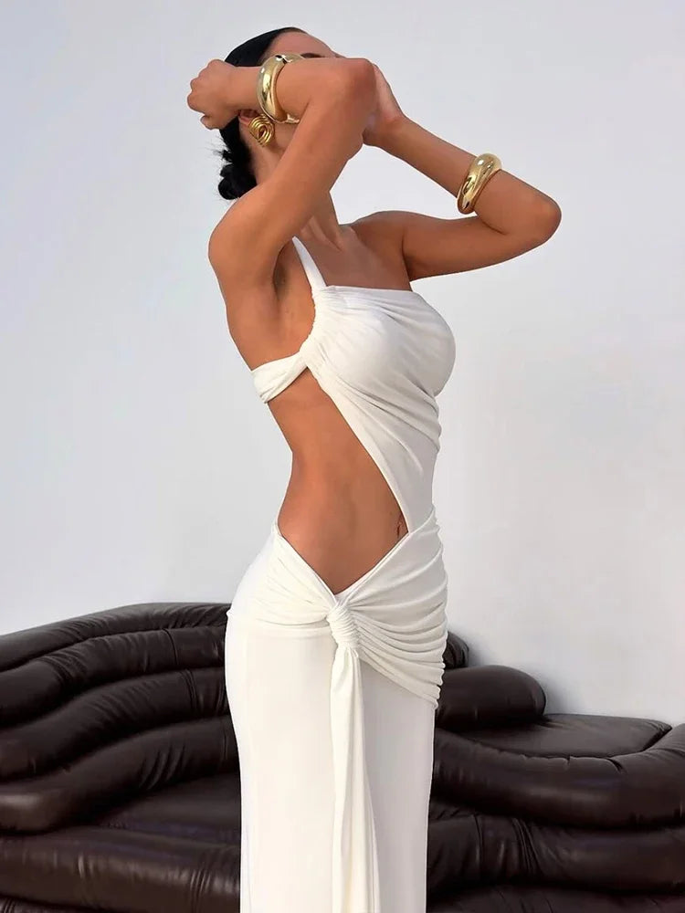 Robe Leosox Dos Nu Ajourée Pour Femme, Asymétrique À Une Épaule, Plissée, Unie, À Franges