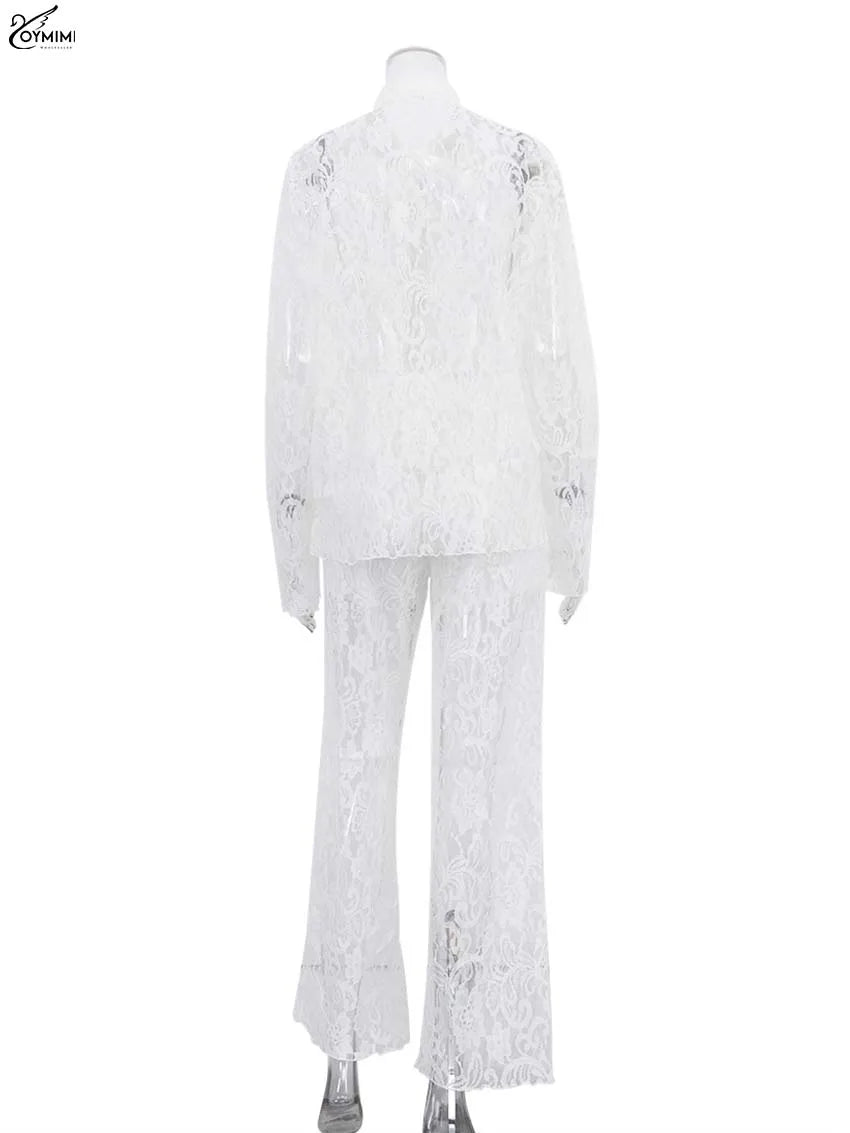 Oymimi Elegant White Lace 2 Pieces Set For Woman Fashion Long Sleeve Single Breasted Shirts And High Waist Full Length Pants Set