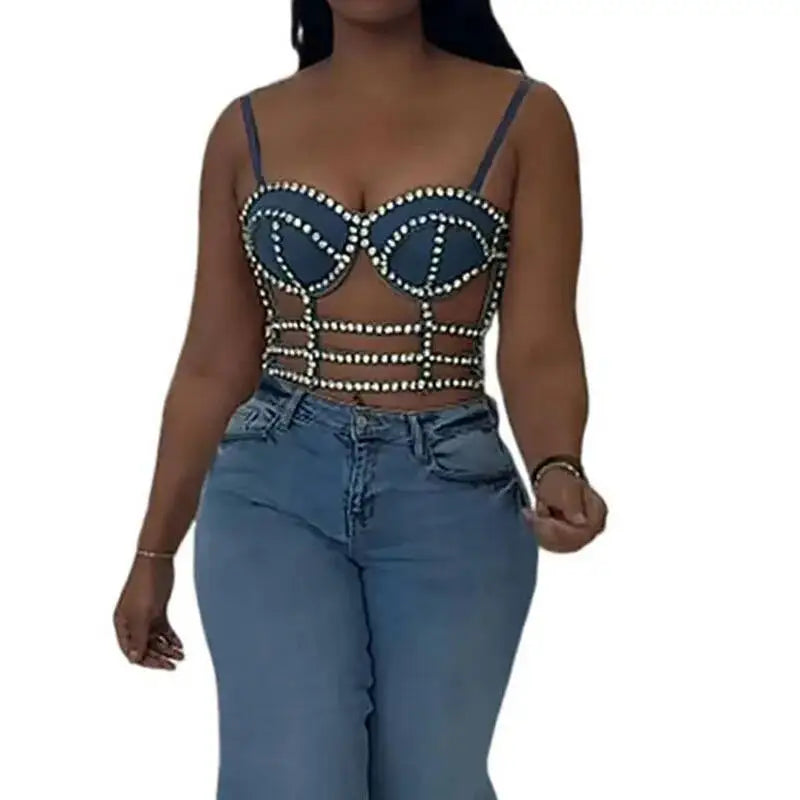 KUCLUT Fashion Diamond-Studded Bra Design Hollow Slim-Fit Short Camisole Vest For Women Outwear Denim Tank Top Female 1A271