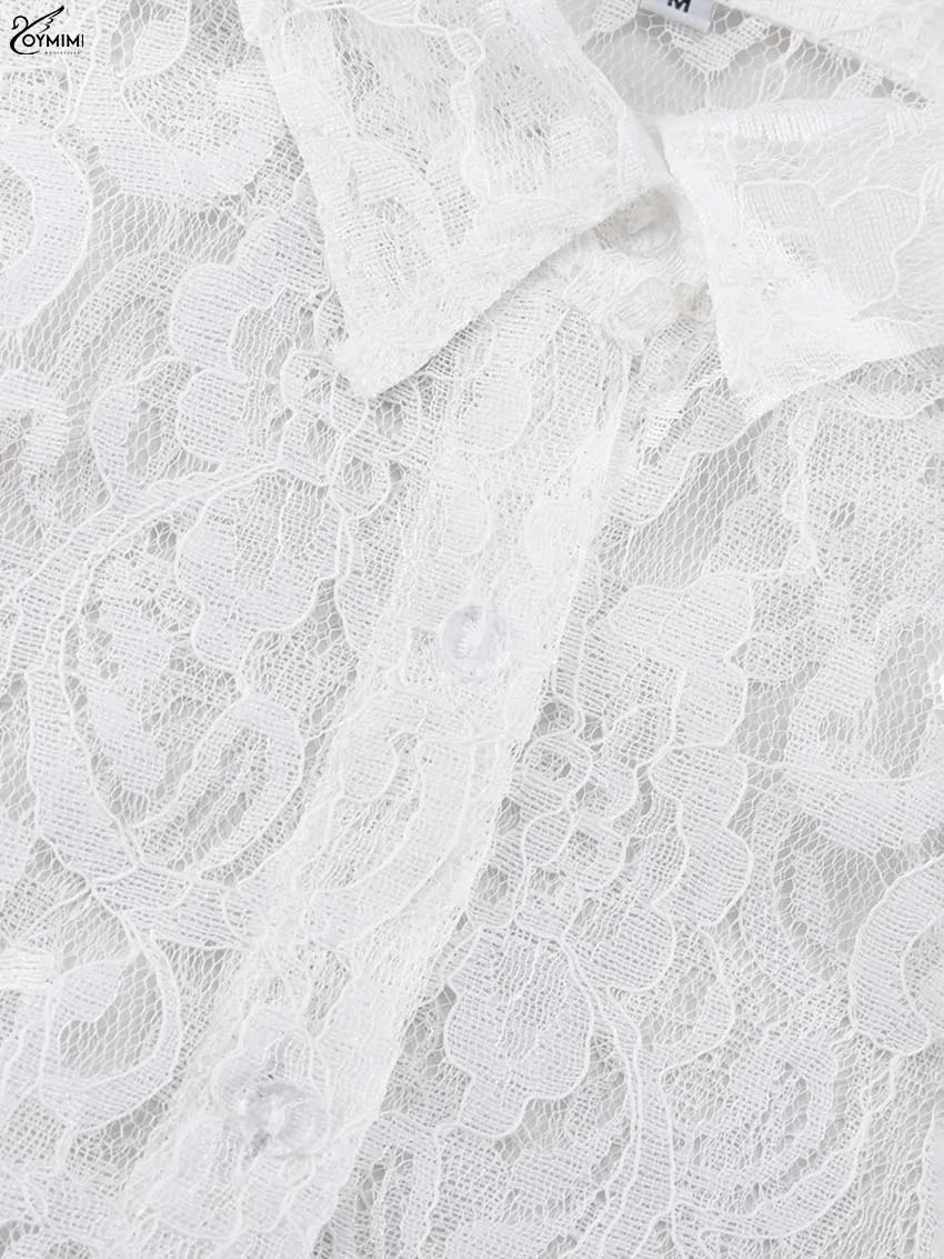 Oymimi Elegant White Lace 2 Pieces Set For Woman Fashion Long Sleeve Single Breasted Shirts And High Waist Full Length Pants Set