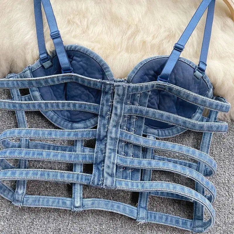 KUCLUT Fashion Diamond-Studded Bra Design Hollow Slim-Fit Short Camisole Vest For Women Outwear Denim Tank Top Female 1A271