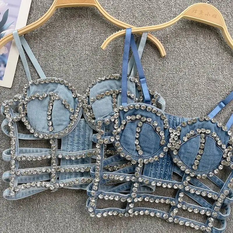 KUCLUT Fashion Diamond-Studded Bra Design Hollow Slim-Fit Short Camisole Vest For Women Outwear Denim Tank Top Female 1A271