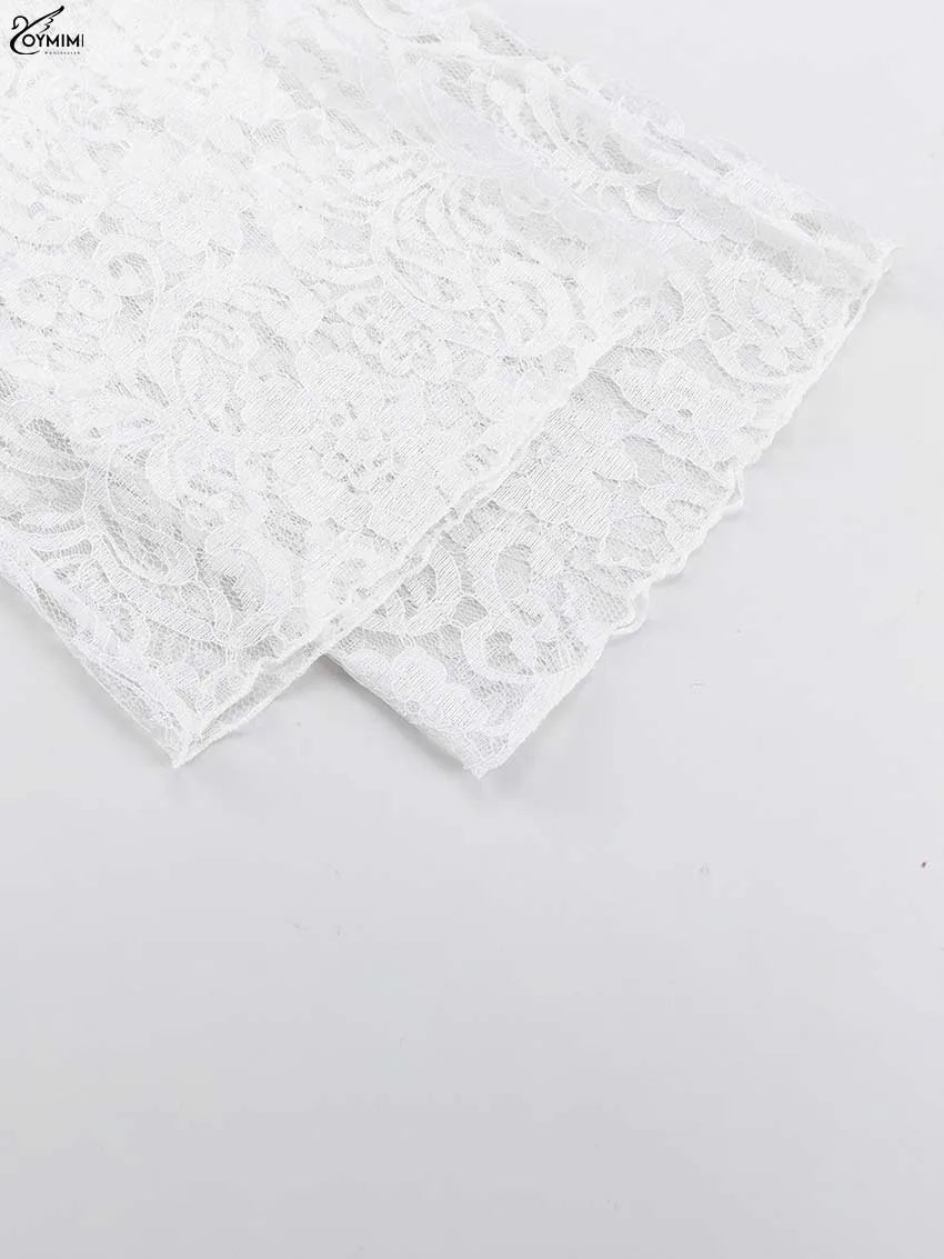 Oymimi Elegant White Lace 2 Pieces Set For Woman Fashion Long Sleeve Single Breasted Shirts And High Waist Full Length Pants Set