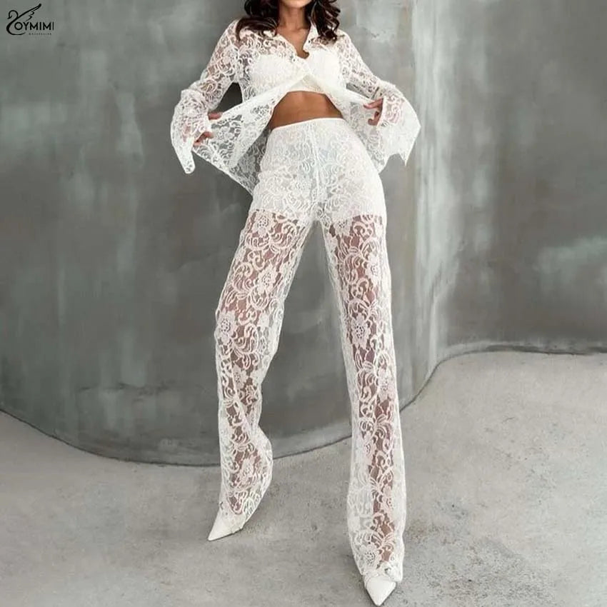 Oymimi Elegant White Lace 2 Pieces Set For Woman Fashion Long Sleeve Single Breasted Shirts And High Waist Full Length Pants Set
