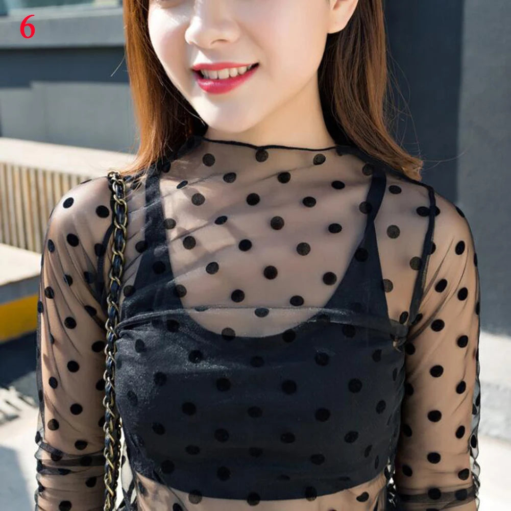 Korea Style Mesh T Shirt Lace Flower under Shirt Long sleeve transparent Tshirt Sexy Black Lace See through Mesh Tee Tops Women