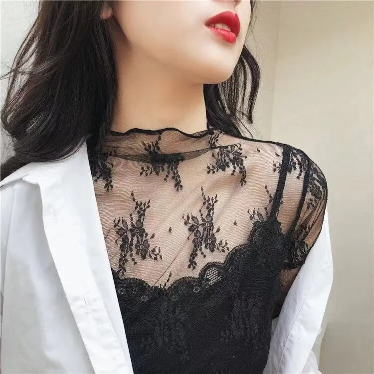 Korea Style Mesh T Shirt Lace Flower under Shirt Long sleeve transparent Tshirt Sexy Black Lace See through Mesh Tee Tops Women