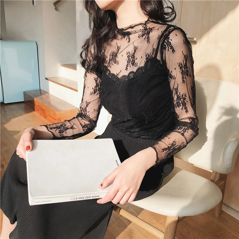 Korea Style Mesh T Shirt Lace Flower under Shirt Long sleeve transparent Tshirt Sexy Black Lace See through Mesh Tee Tops Women