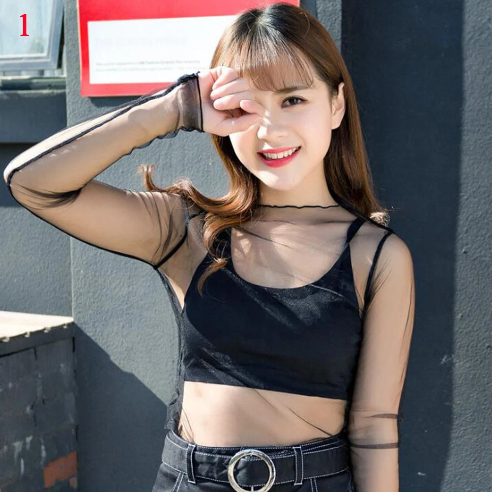 Korea Style Mesh T Shirt Lace Flower under Shirt Long sleeve transparent Tshirt Sexy Black Lace See through Mesh Tee Tops Women