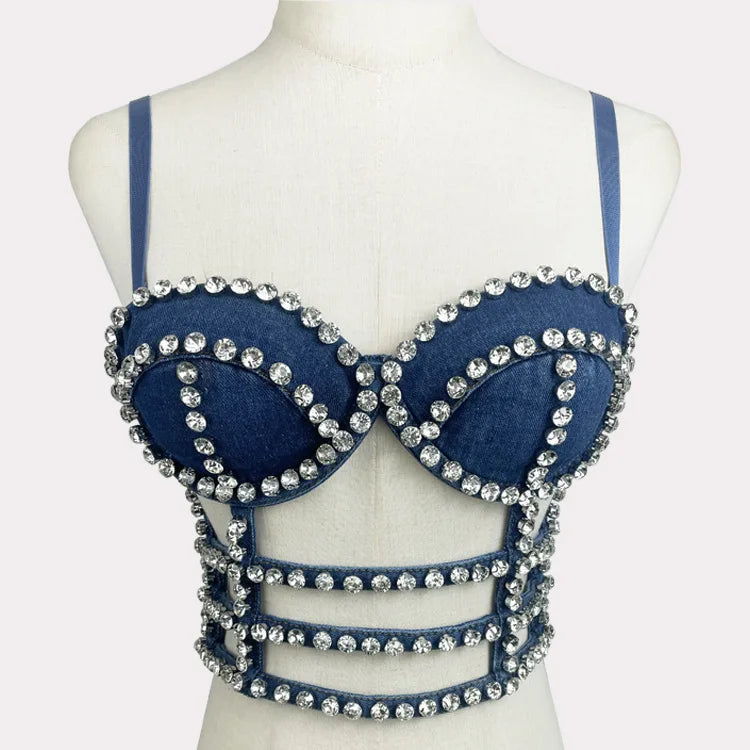 KUCLUT Fashion Diamond-Studded Bra Design Hollow Slim-Fit Short Camisole Vest For Women Outwear Denim Tank Top Female 1A271