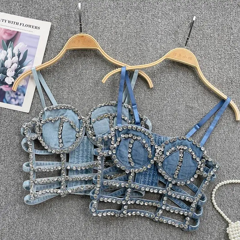 KUCLUT Fashion Diamond-Studded Bra Design Hollow Slim-Fit Short Camisole Vest For Women Outwear Denim Tank Top Female 1A271