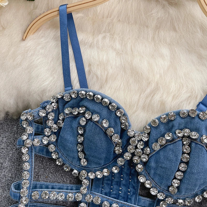 KUCLUT Fashion Diamond-Studded Bra Design Hollow Slim-Fit Short Camisole Vest For Women Outwear Denim Tank Top Female 1A271