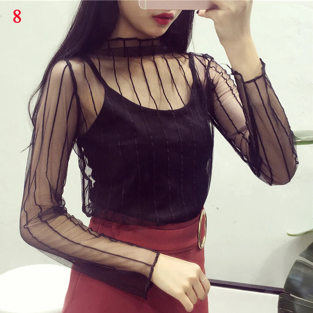 Korea Style Mesh T Shirt Lace Flower under Shirt Long sleeve transparent Tshirt Sexy Black Lace See through Mesh Tee Tops Women