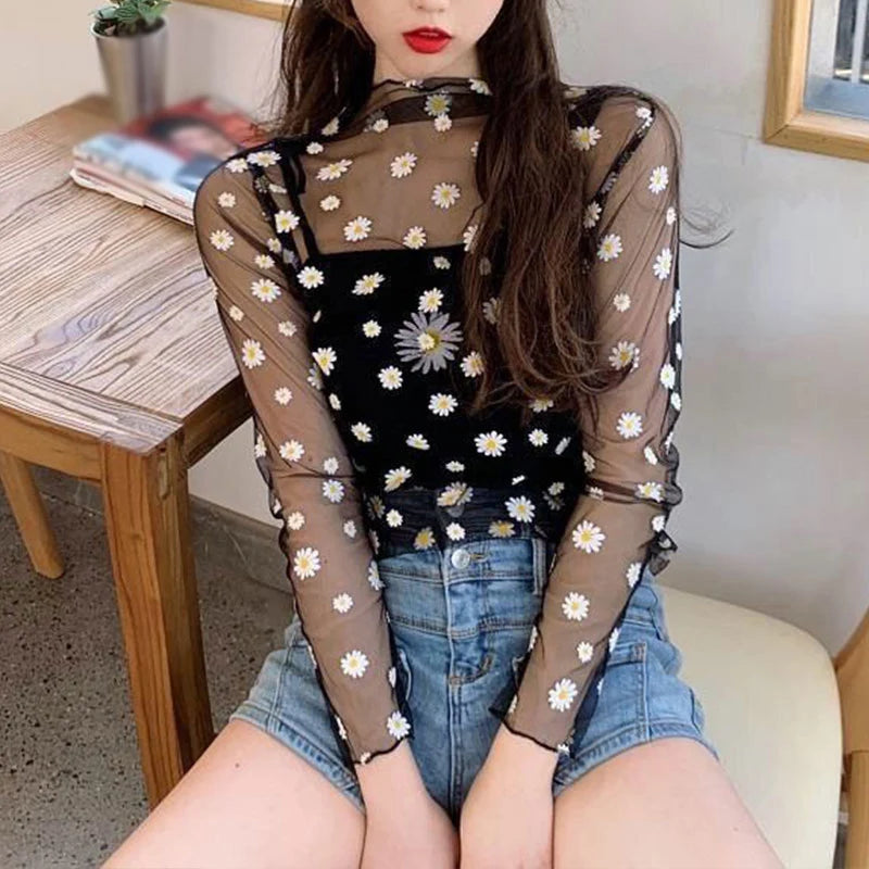 Korea Style Mesh T Shirt Lace Flower under Shirt Long sleeve transparent Tshirt Sexy Black Lace See through Mesh Tee Tops Women