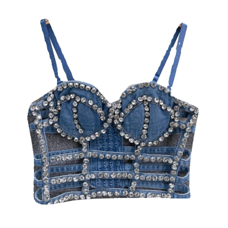 KUCLUT Fashion Diamond-Studded Bra Design Hollow Slim-Fit Short Camisole Vest For Women Outwear Denim Tank Top Female 1A271