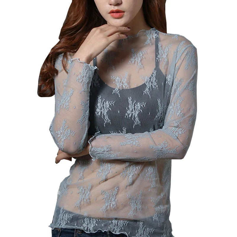 Korea Style Mesh T Shirt Lace Flower under Shirt Long sleeve transparent Tshirt Sexy Black Lace See through Mesh Tee Tops Women