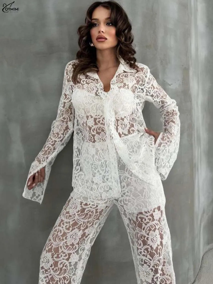 Oymimi Elegant White Lace 2 Pieces Set For Woman Fashion Long Sleeve Single Breasted Shirts And High Waist Full Length Pants Set