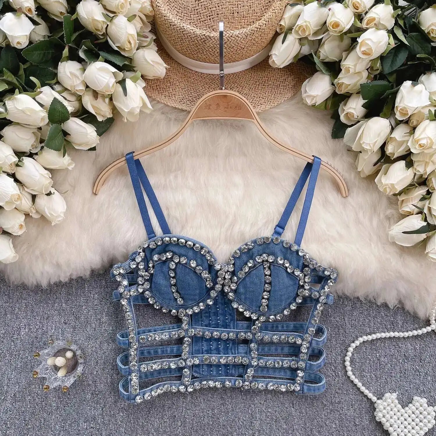 KUCLUT Fashion Diamond-Studded Bra Design Hollow Slim-Fit Short Camisole Vest For Women Outwear Denim Tank Top Female 1A271