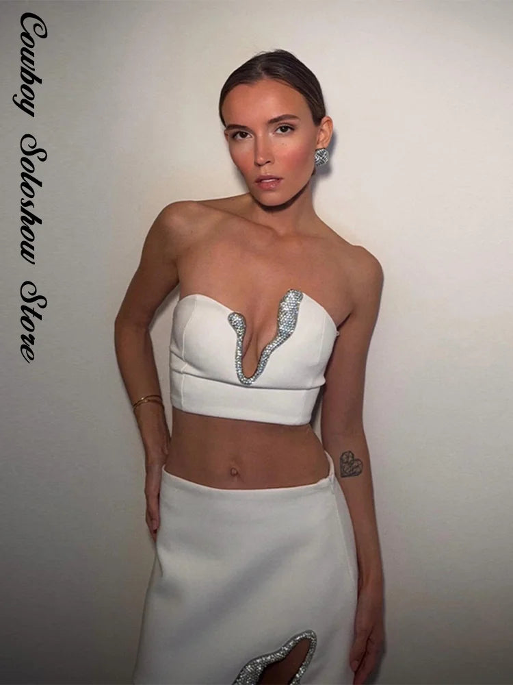 Ensembles mini-jupes sexy À Strass Et  Débardeurs Bustier Dos Nu À Col En V Et Jupes Taille basse