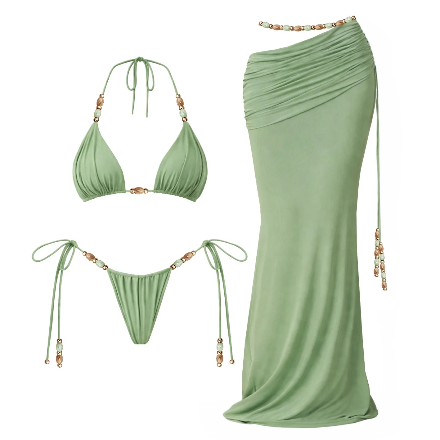 Bikini Bandeau Vert 3 Pièces À Perles, Sexy, Avec Jupe En Résille, Style Push-up, Idéal Pour La Plage.