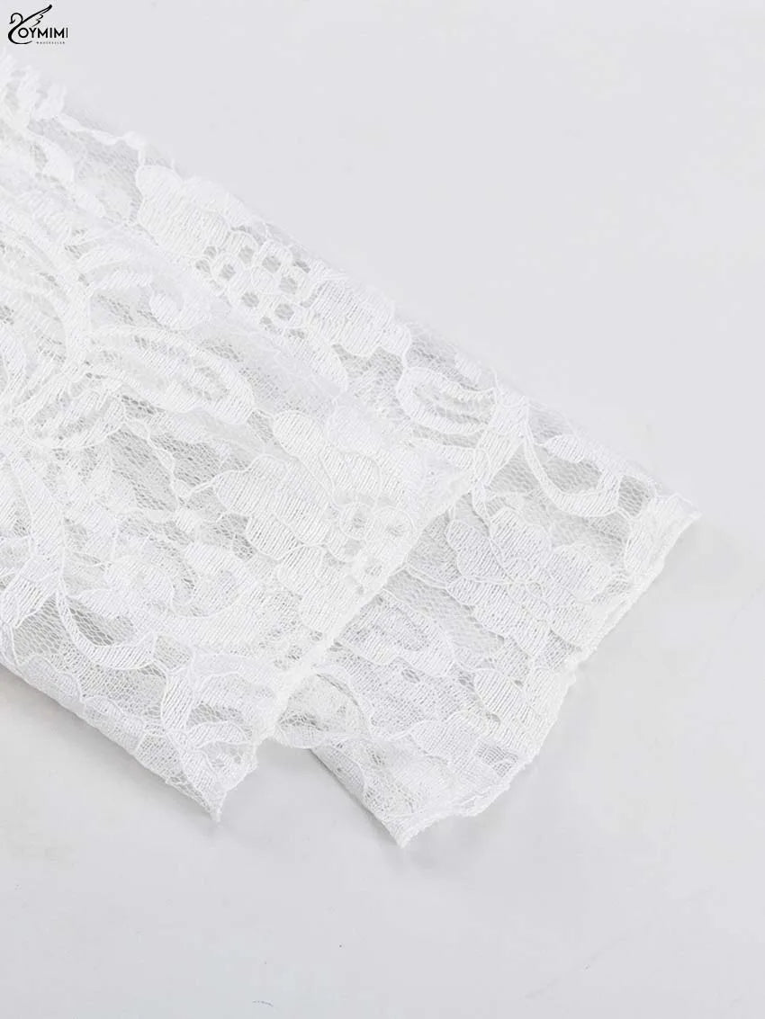 Oymimi Elegant White Lace 2 Pieces Set For Woman Fashion Long Sleeve Single Breasted Shirts And High Waist Full Length Pants Set