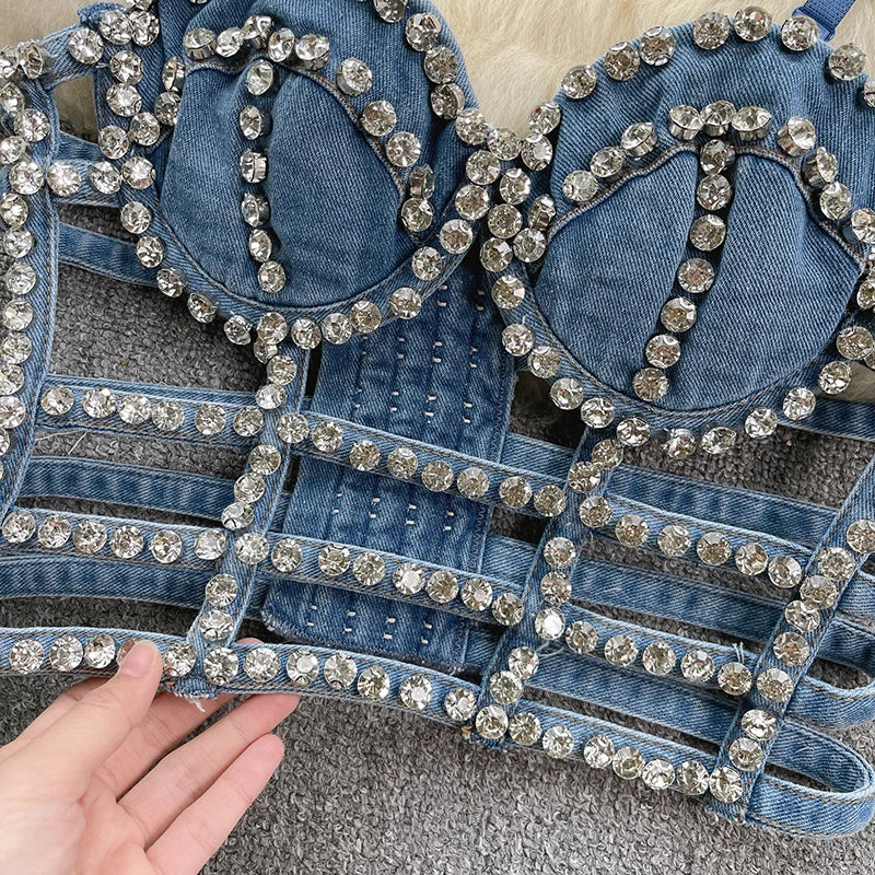 KUCLUT Fashion Diamond-Studded Bra Design Hollow Slim-Fit Short Camisole Vest For Women Outwear Denim Tank Top Female 1A271