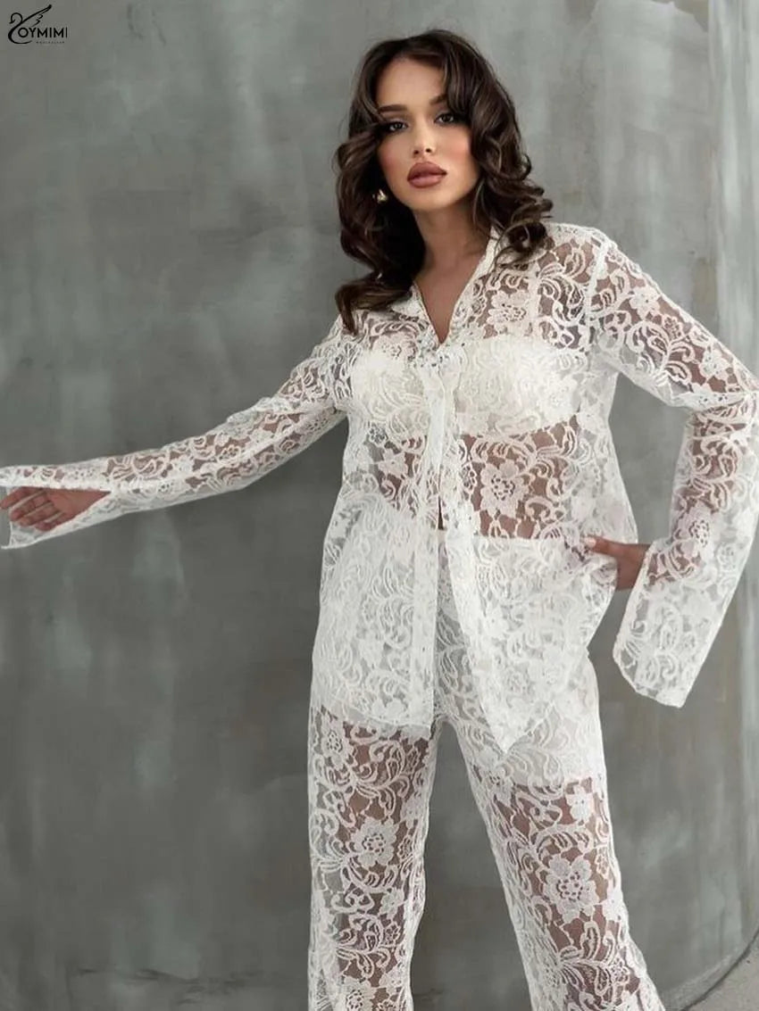 Oymimi Elegant White Lace 2 Pieces Set For Woman Fashion Long Sleeve Single Breasted Shirts And High Waist Full Length Pants Set