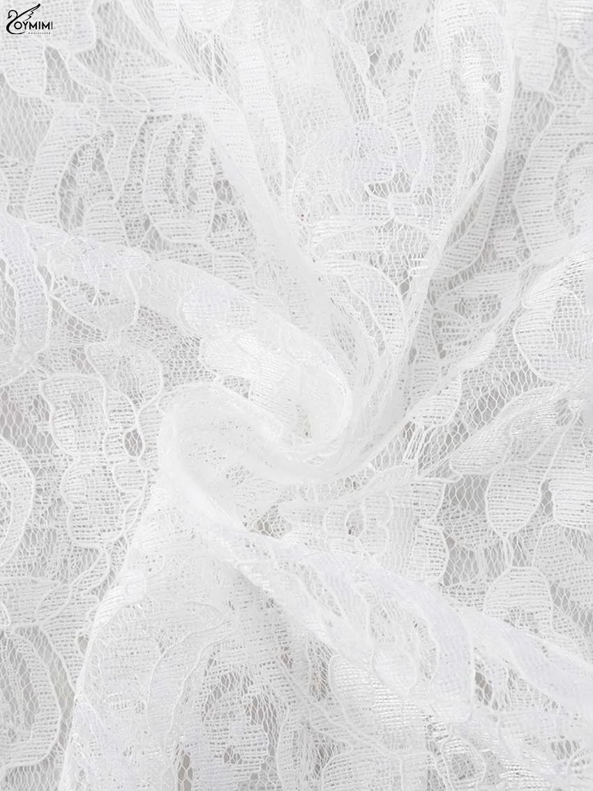 Oymimi Elegant White Lace 2 Pieces Set For Woman Fashion Long Sleeve Single Breasted Shirts And High Waist Full Length Pants Set