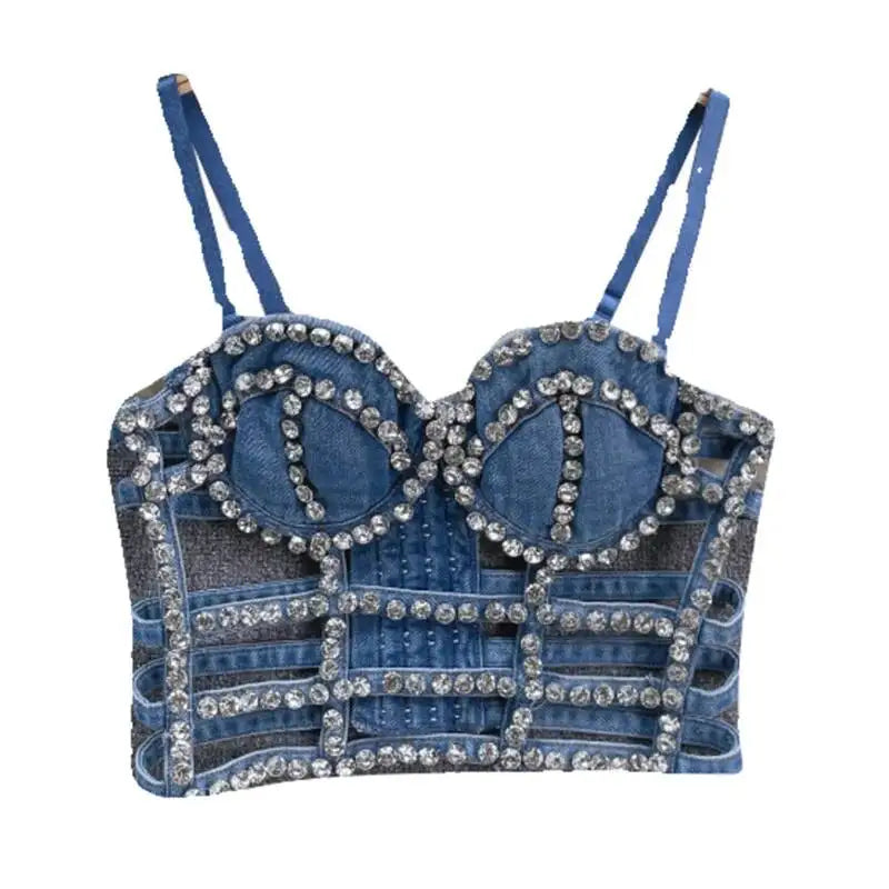KUCLUT Fashion Diamond-Studded Bra Design Hollow Slim-Fit Short Camisole Vest For Women Outwear Denim Tank Top Female 1A271