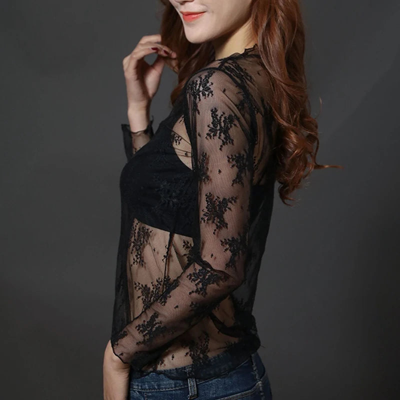 Korea Style Mesh T Shirt Lace Flower under Shirt Long sleeve transparent Tshirt Sexy Black Lace See through Mesh Tee Tops Women
