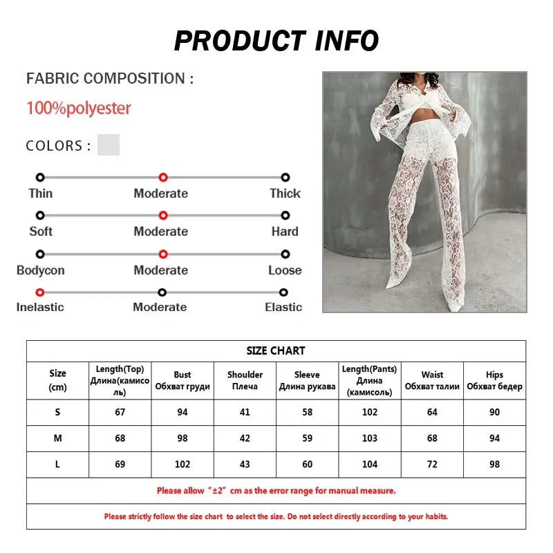 Oymimi Elegant White Lace 2 Pieces Set For Woman Fashion Long Sleeve Single Breasted Shirts And High Waist Full Length Pants Set