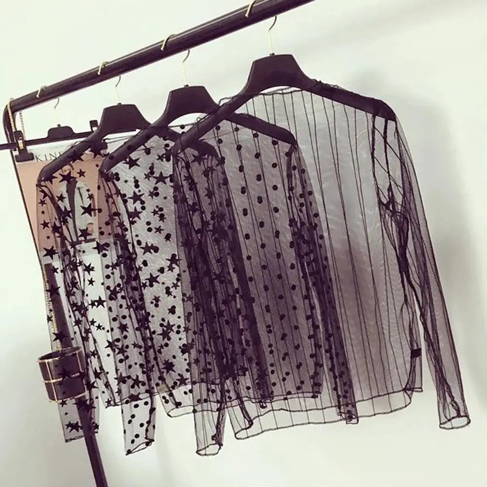Korea Style Mesh T Shirt Lace Flower under Shirt Long sleeve transparent Tshirt Sexy Black Lace See through Mesh Tee Tops Women