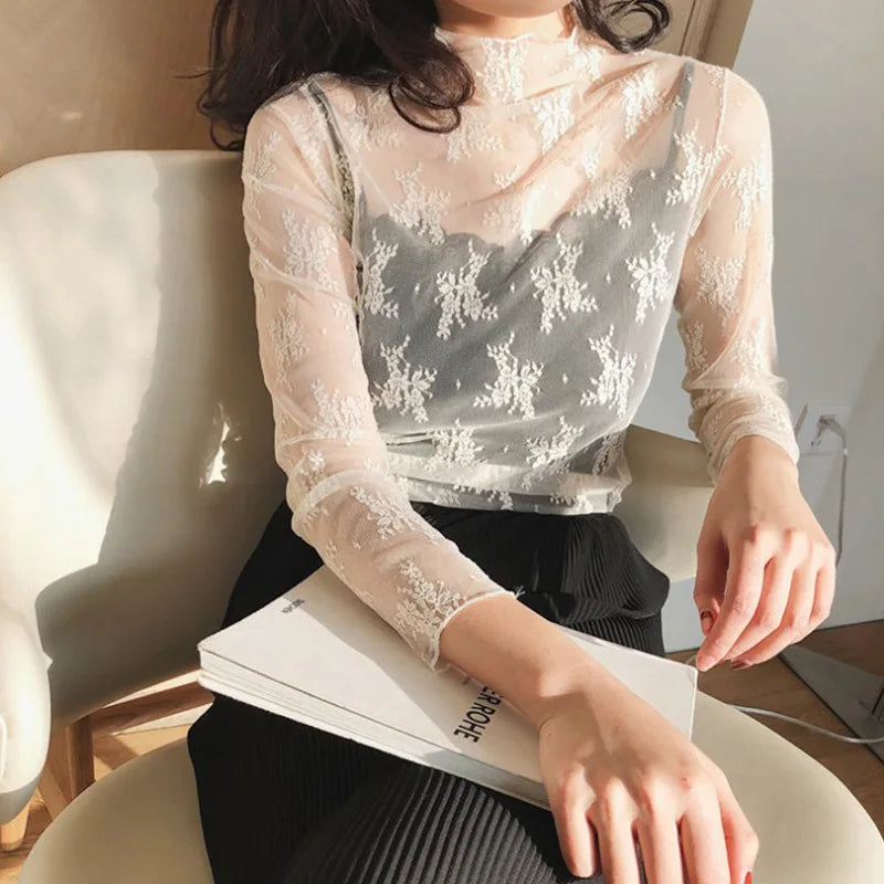 Korea Style Mesh T Shirt Lace Flower under Shirt Long sleeve transparent Tshirt Sexy Black Lace See through Mesh Tee Tops Women