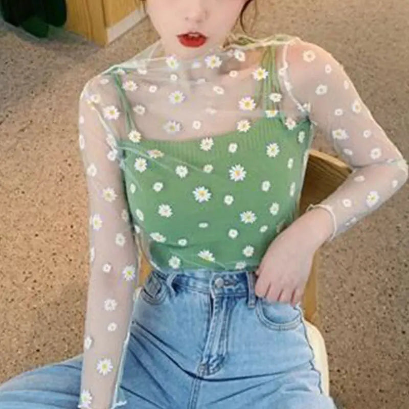 Korea Style Mesh T Shirt Lace Flower under Shirt Long sleeve transparent Tshirt Sexy Black Lace See through Mesh Tee Tops Women