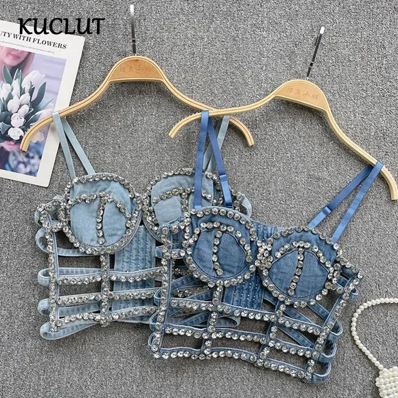 KUCLUT Fashion Diamond-Studded Bra Design Hollow Slim-Fit Short Camisole Vest For Women Outwear Denim Tank Top Female 1A271