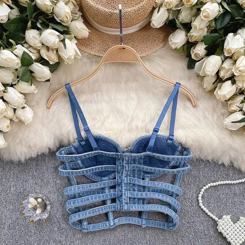 KUCLUT Fashion Diamond-Studded Bra Design Hollow Slim-Fit Short Camisole Vest For Women Outwear Denim Tank Top Female 1A271