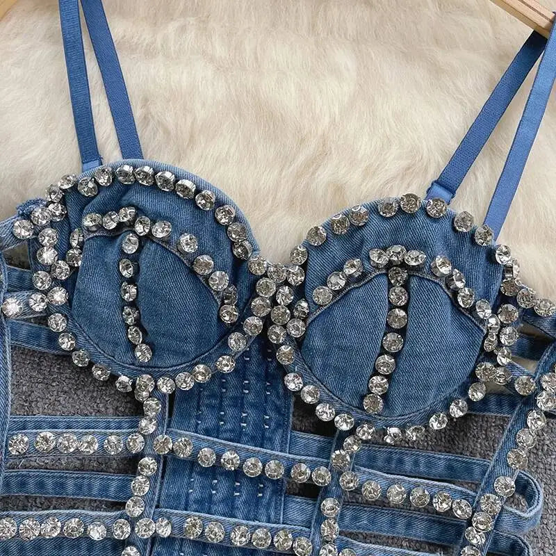 KUCLUT Fashion Diamond-Studded Bra Design Hollow Slim-Fit Short Camisole Vest For Women Outwear Denim Tank Top Female 1A271