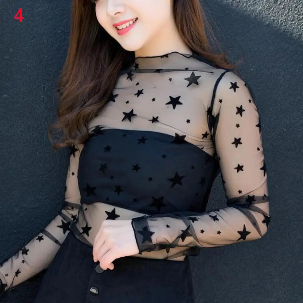 Korea Style Mesh T Shirt Lace Flower under Shirt Long sleeve transparent Tshirt Sexy Black Lace See through Mesh Tee Tops Women