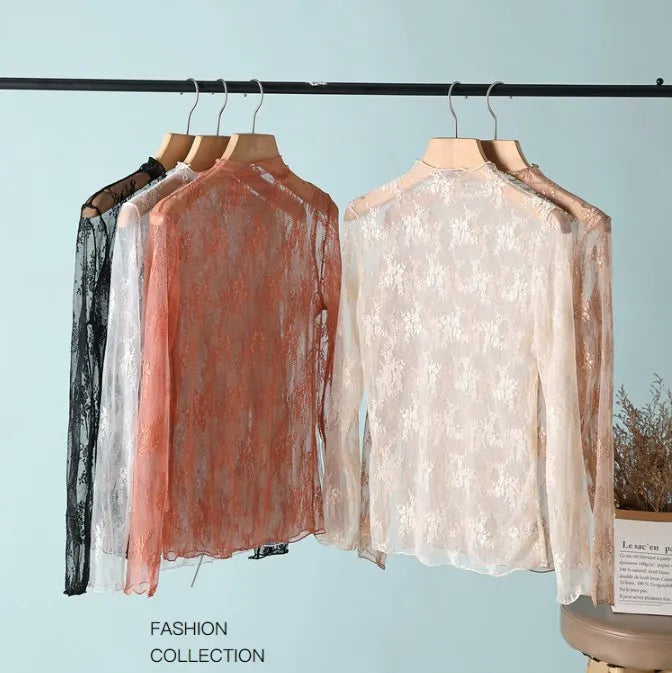 Korea Style Mesh T Shirt Lace Flower under Shirt Long sleeve transparent Tshirt Sexy Black Lace See through Mesh Tee Tops Women