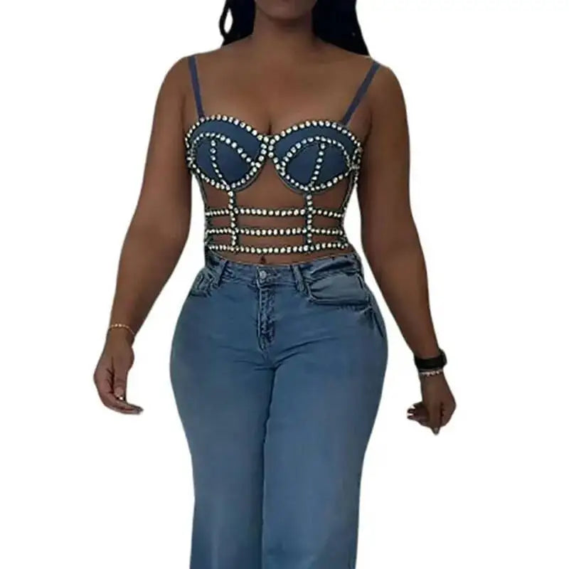 KUCLUT Fashion Diamond-Studded Bra Design Hollow Slim-Fit Short Camisole Vest For Women Outwear Denim Tank Top Female 1A271