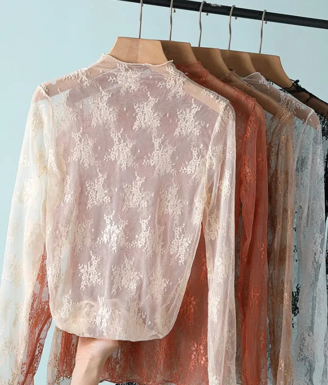 Korea Style Mesh T Shirt Lace Flower under Shirt Long sleeve transparent Tshirt Sexy Black Lace See through Mesh Tee Tops Women