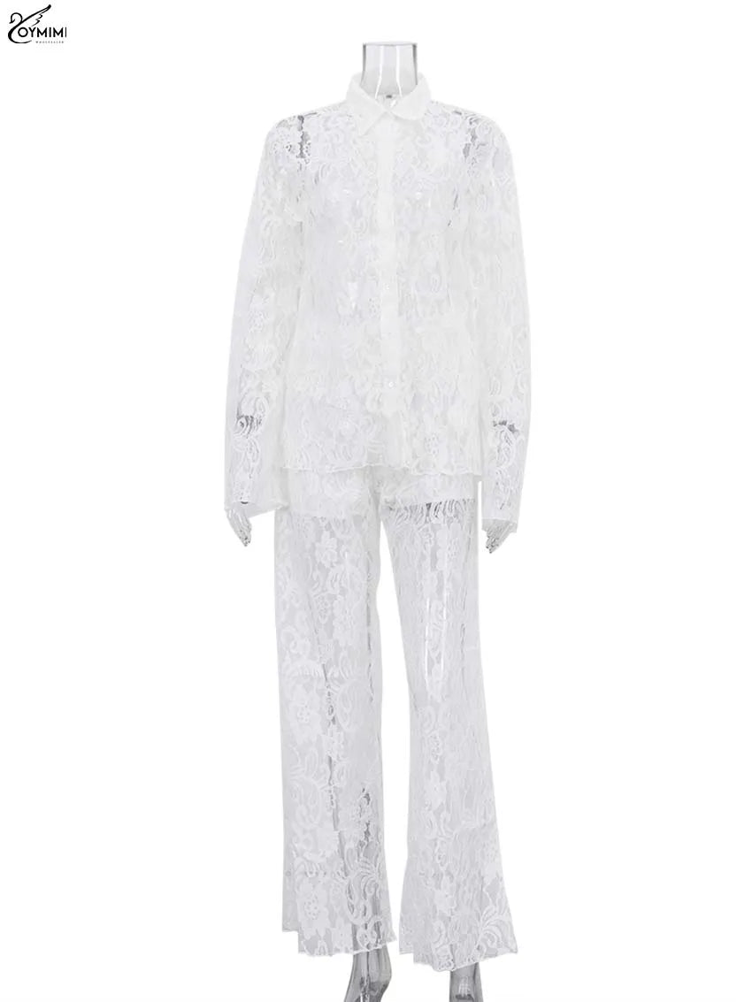 Oymimi Elegant White Lace 2 Pieces Set For Woman Fashion Long Sleeve Single Breasted Shirts And High Waist Full Length Pants Set