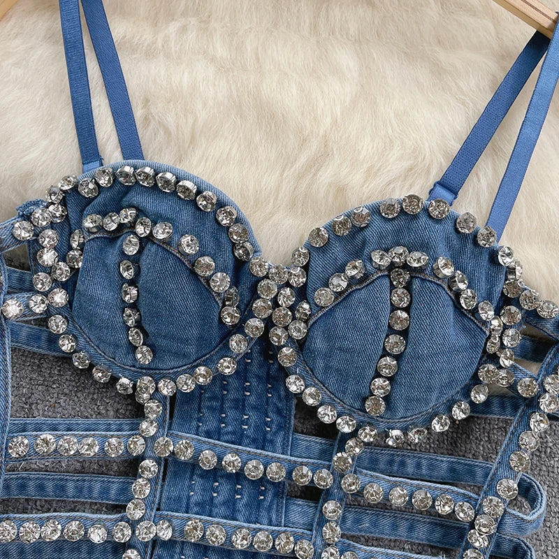 KUCLUT Fashion Diamond-Studded Bra Design Hollow Slim-Fit Short Camisole Vest For Women Outwear Denim Tank Top Female 1A271