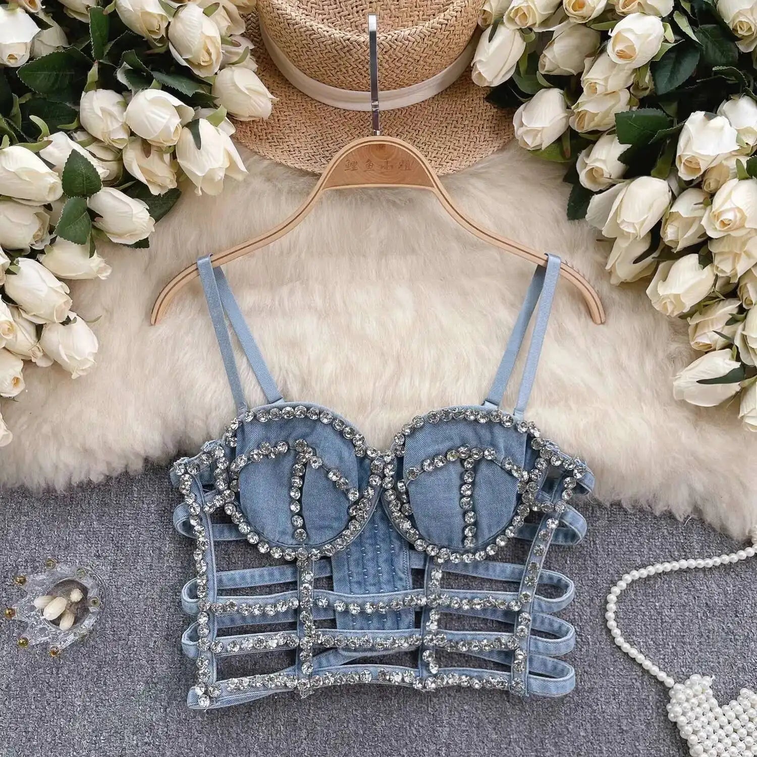 KUCLUT Fashion Diamond-Studded Bra Design Hollow Slim-Fit Short Camisole Vest For Women Outwear Denim Tank Top Female 1A271