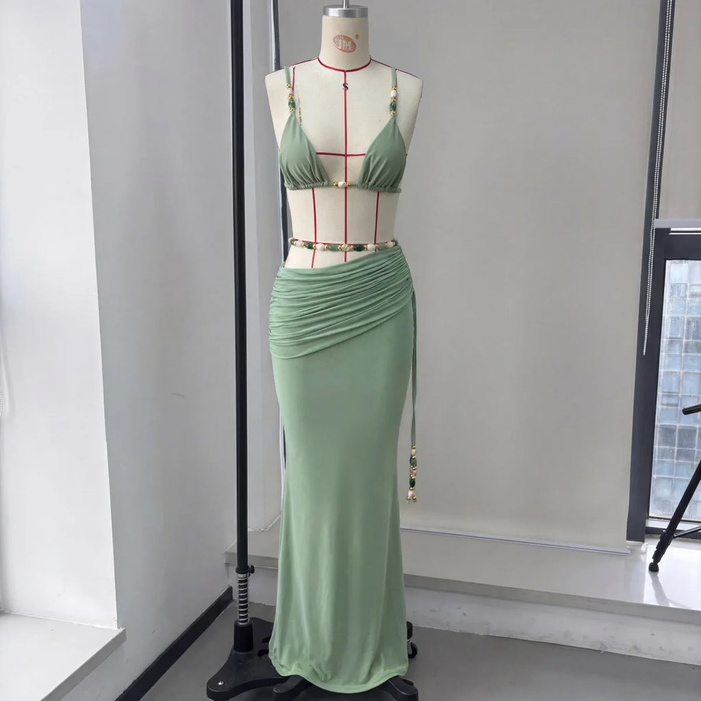 Bikini Bandeau Vert 3 Pièces À Perles, Sexy, Avec Jupe En Résille, Style Push-up, Idéal Pour La Plage.