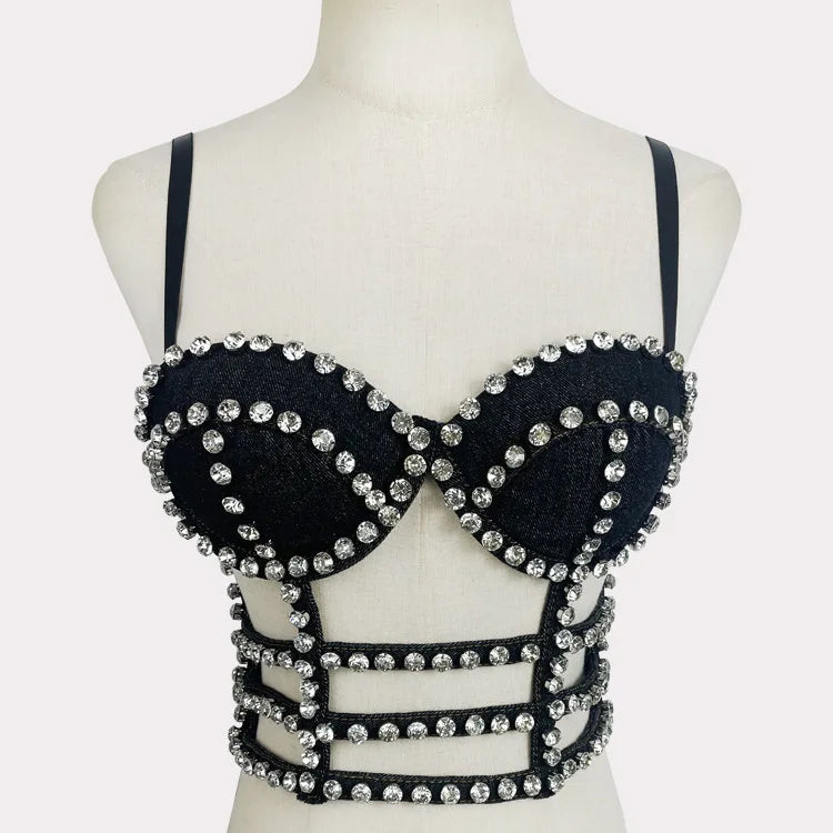 KUCLUT Fashion Diamond-Studded Bra Design Hollow Slim-Fit Short Camisole Vest For Women Outwear Denim Tank Top Female 1A271