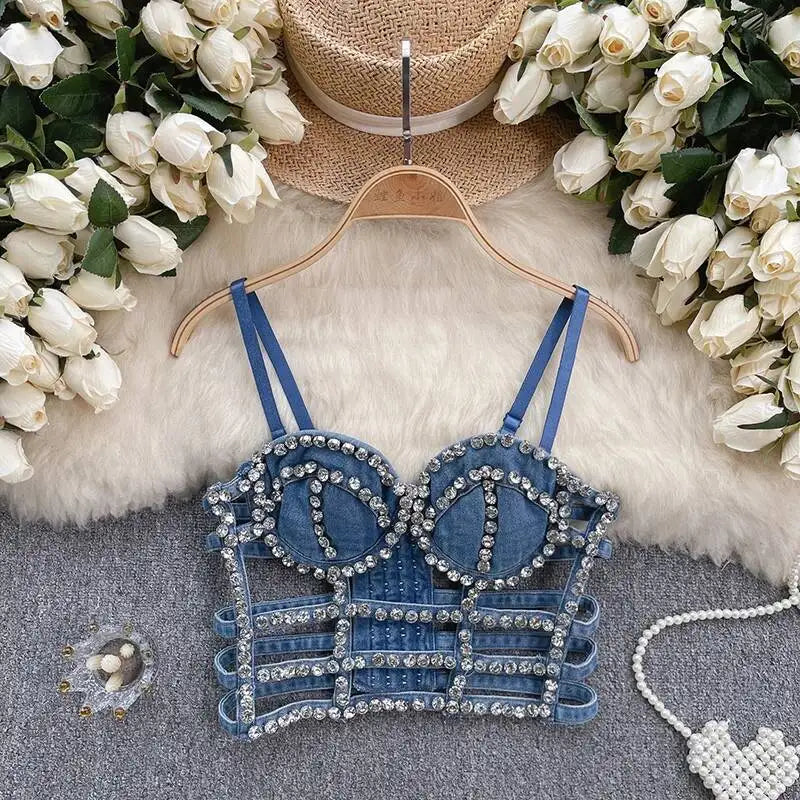 KUCLUT Fashion Diamond-Studded Bra Design Hollow Slim-Fit Short Camisole Vest For Women Outwear Denim Tank Top Female 1A271
