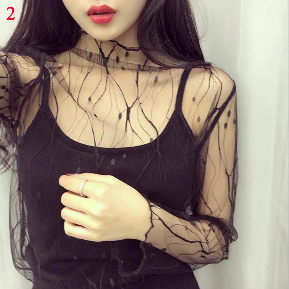 Korea Style Mesh T Shirt Lace Flower under Shirt Long sleeve transparent Tshirt Sexy Black Lace See through Mesh Tee Tops Women