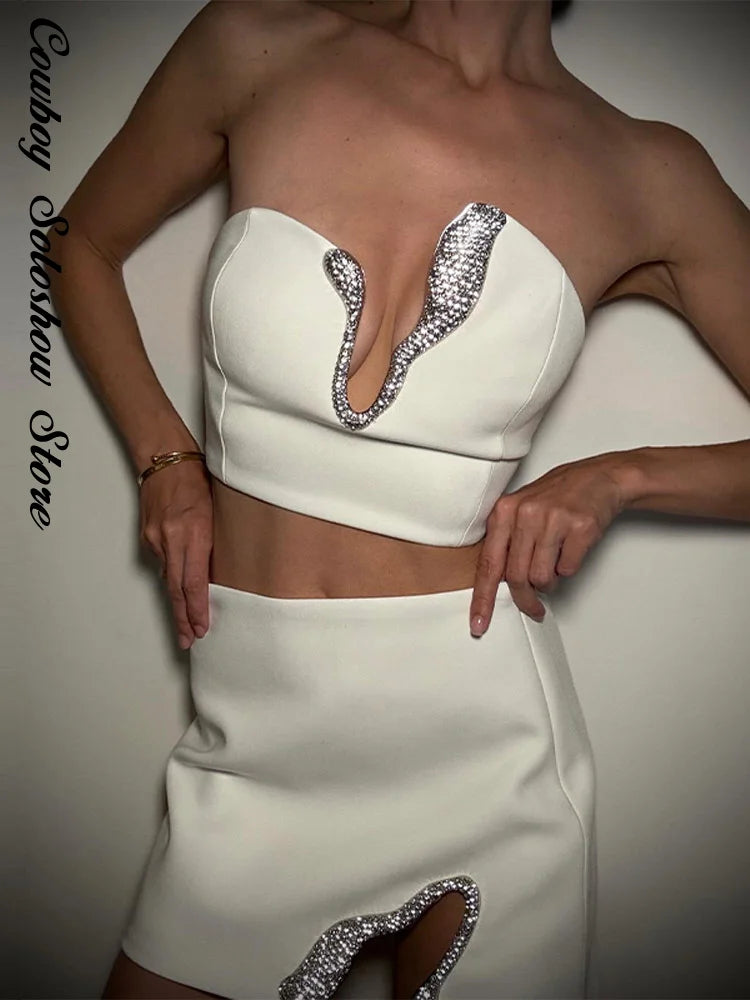 Ensembles mini-jupes sexy À Strass Et  Débardeurs Bustier Dos Nu À Col En V Et Jupes Taille basse