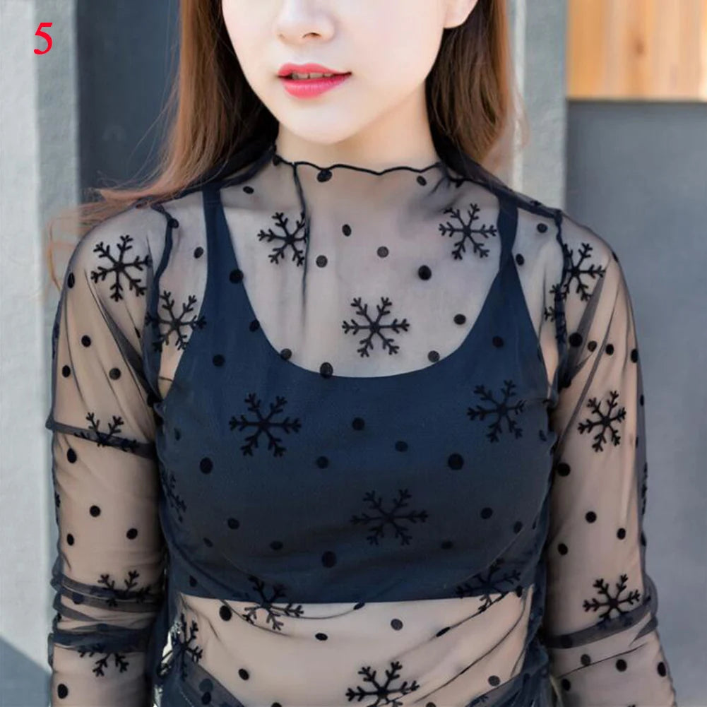 Korea Style Mesh T Shirt Lace Flower under Shirt Long sleeve transparent Tshirt Sexy Black Lace See through Mesh Tee Tops Women